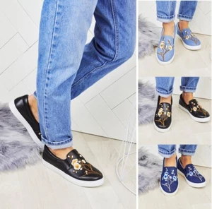 Damas Mujeres Bordada Plana Goma Suela Patinador Zapatos de salón Tenis Entrenadores Zapatos - Imagen 1 de 9