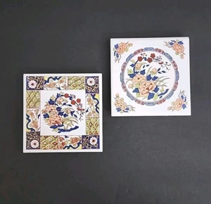 Vtg Footed Tile Coaster Set Of 2 80s Hand Painted Trivet Asian Wall Decor Taiwan - Picture 1 of 10