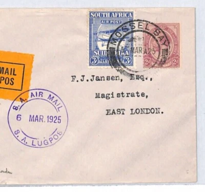 SUDÁFRICA KGV correo aéreo cubierta 3d *Mossel Bay* 1925 East London {samwells} YJ142 Foto 1 de 4