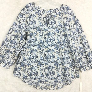 Caslon Womens Blouse Peasant Ivory Blue Floral Camo Keyhole Round Hem XL New - Picture 1 of 10