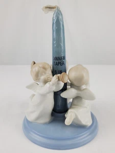 Vintage Ceramic Angels Playing Horn Taper Candle Holder Blue Base CCCC Japan - Picture 1 of 2