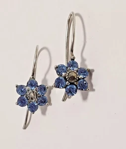 Sterling Silver 925 Blue Stone & Marcasite Flower Dangle Drop Earrings Vintage - Picture 1 of 9