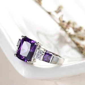 Emerald Cut Simulated Purple Amethyst Wedding Band Ring In 14k White Gold Plated - Picture 1 of 5