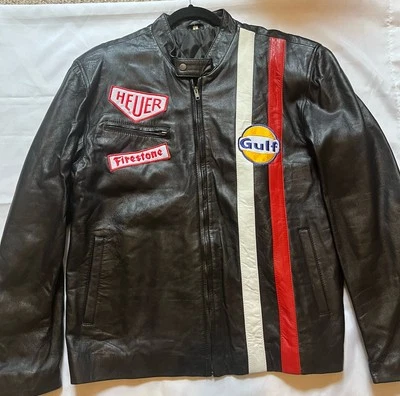 3xl Handmade Steve McQueen Gulf Leather Motorcycle Jacket Excellent Cond.$99.99 - Image 1 of 4