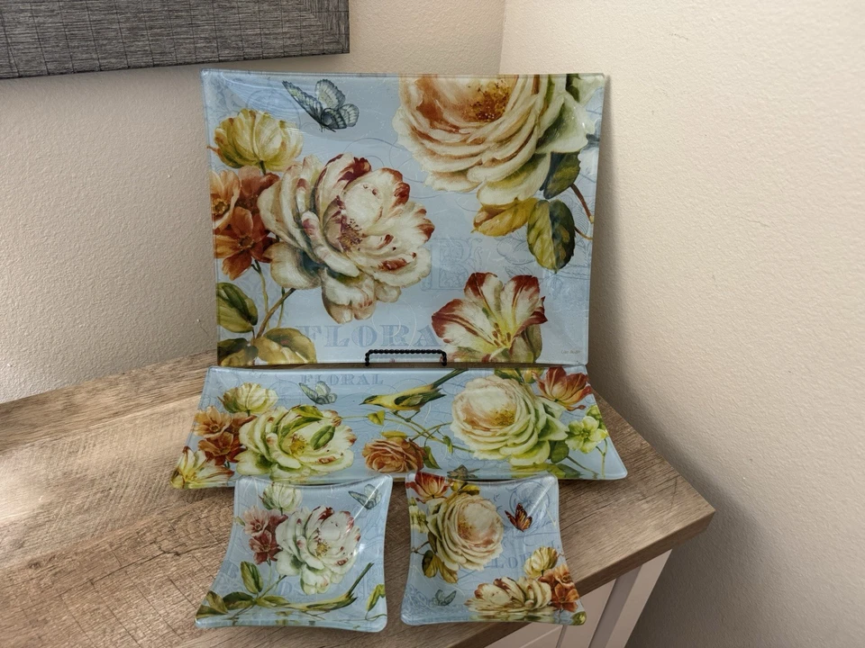 Juego de 4 bandejas de baratija de tocador de jardín de rosas cuencos de vidrio florales Lisa Audit Foto 1 de 4