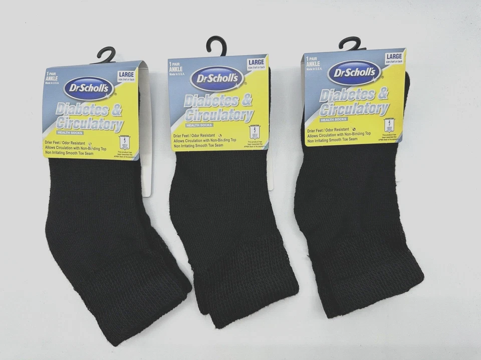NOVO 3 PARES DE MEIAS CIRCULATÓRIAS PARA TORNOZELO DIABETES DR SCHOLL'S FEITAS NOS EUA PRETO GRANDE - Imagem 1 de 3