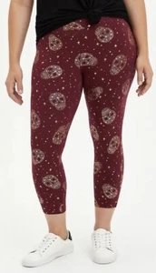 NWT TORRID Premium GOLD FOIL CROP LEGGINGS Size 00 M/L 10 Burgundy STAR SKULL - Picture 1 of 5