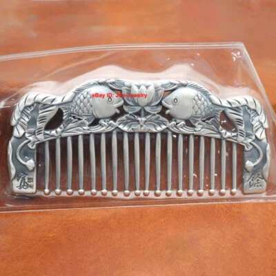 Peine chino de plata fina real 999 dos peces con patrón de loto peine pequeño 95 mmL Foto 1 de 4
