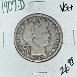 1907-D BARBER SILVER HALF DOLLAR ~ VG+ ~NICE COIN~ - Picture 1 of 2
