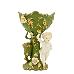 Vintage Victorian Ceramic Green Bud Vase With Boy Grape Vines & Florals - Picture 1 of 8