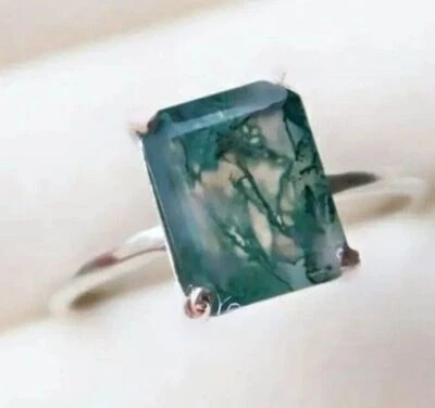 Natürlicher Moosachat Achteckschliff handgefertigter massiver Weißgold 10K pl... - Bild 1 von 4