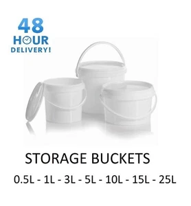 Plastic Buckets Tubs White Containers Tamper Evident Lids 0.5L 1L 3L 5L 10L 25L - Picture 1 of 20