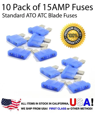 Premium 10 Pack 15 AMP Automotive ATO ATC Standard Blade Fuses 15A - Image 1 of 4