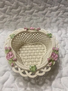 Vintage Belleek Basket With Shamrocks, Roses And Pink Flowers #2108 5.25” D - Picture 1 of 4