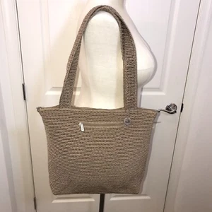 THE SAK Medium Tote Bag, Zip Top, Crochet Knit, Khaki Tan - Picture 1 of 10