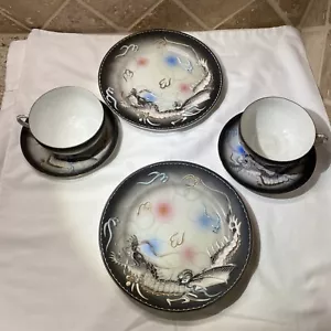 Dragonware Moriage Geisha 2 Lithopane Teetassen mit 2 Untertassen & 2 Mittagsteller - Bild 1 von 12