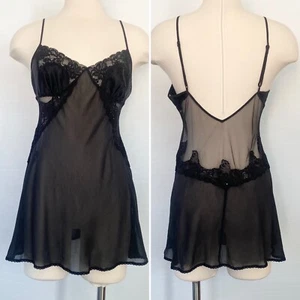 2002 Victoria’s Secret Silk Chiffon Sequin Black Vintage Babydoll Slip Dress M - Picture 1 of 6