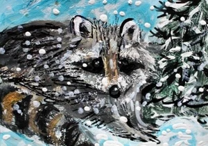 Pintura ORIGINAL ACEO MAPACHE Invierno Nieve Animal Salvaje Coon Pino Naturaleza ARTE - Imagen 1 de 1