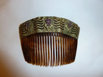 Peine de pelo Art Deco marrón celuloide/latón/con lavanda/púrpura claro pedrería Foto 1 de 4