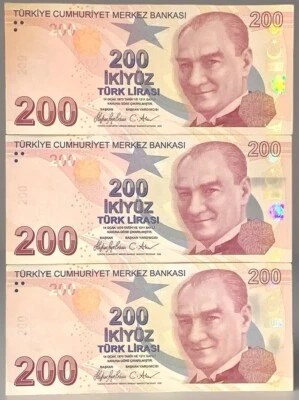 3X200 LIRAS TURKIYE 2009 ISSUE (3)Consecutive Banknotes Feat. KEMAL ATATURK /XF - Image 1 of 4