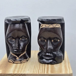 Hand Carved Dark Wooden Jamaica Man/Woman Tiki Statue Heads Pair 3.5"H Signed  - Picture 1 of 24