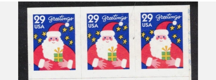 us stamp Scott #2873 ...29 Cent...Greetings...Santa...  Booklet strip of 3 - Image 1 of 1