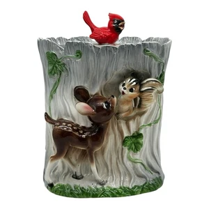 Vintage Enesco Keramik Keksdose Baumstamm mit 3D Hirsch Eichhörnchen & Kardinal 8,5" - Bild 1 von 15