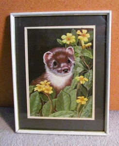 Artist Signed Ferret with Flowers Framed Matted Painting on Board - Adorable! - Picture 1 of 6