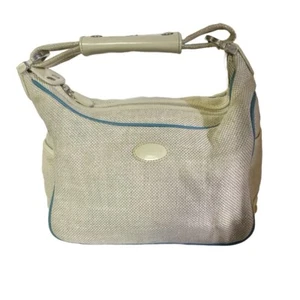 TOD'S NATURAL BEIGE TWEED CANVAS TOTE W/BLUE LEATHER TOTE BAG - Picture 1 of 13