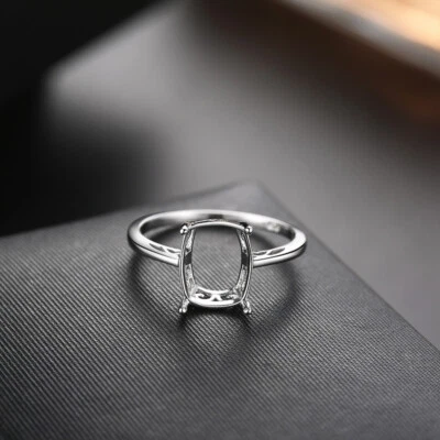 Prong Setting Cushion 10x8mm Semi Mount Ring Settings Only Solid 14k White Gold - Image 1 of 4