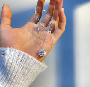 Silver Snowflake Flower Blue Cubic Zirconia Pendant Chain Necklace