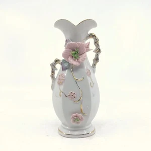 Vintage Porcelain Rose Bud Vase Pink Applied Rose Flower Gold Gilded Accent - Picture 1 of 9