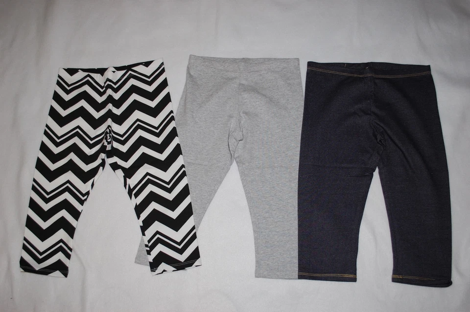 Girls 3 PR LOT CAPRI LEGGINGS Denim Look BLACK WHITE CHEVRON Gray S 6-6X M 7-8  - Image 1 of 1