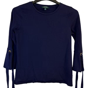 Lauren Ralph Lauren Knit Top Tie Sleeve 3/4 Sleeve Navy Blue Size M Classic - Picture 1 of 7