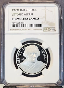 1999 ITALY SILVER 1000 LIRE VITTORIO ALFIERI NGC PF 69 ULTRA CAMEO TOP POP - Picture 1 of 3