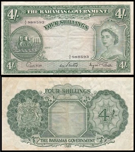 BAHAMAS - Queen Elizabeth II - 4 Shillings Banknote 1953 - P13c A/5 988593 XXF - Picture 1 of 6