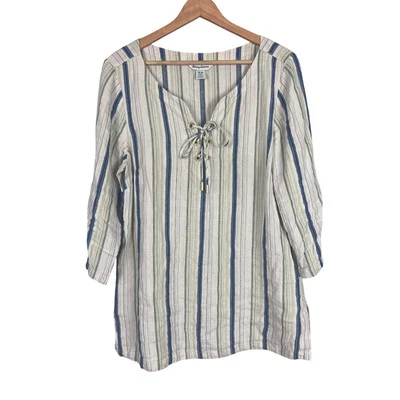 Blusa túnica feminina TOMMY BAHAMA M multicolorida listrada metálica mistura de linho com cadarço - Imagem 1 de 4
