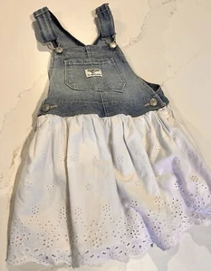 Beautiful Oshkosh Overall Dress White Eyelet Skirt Girls Size 4 4T Outfit Jean - Picture 1 of 7