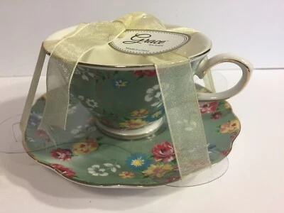 Taza y platillo floral verde jade Grace's Teaware - Nuevo con etiquetas Foto 1 de 2