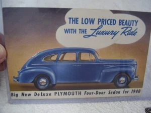 Tarjeta postal de distribuidor de sedán de lujo Plymouth 1940 sin usar original - Imagen 1 de 2