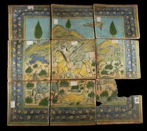 Islamic Central Asia 19th Cent. collection of 9 tiles hunting scene 28"L X 28"W - Picture 1 of 10