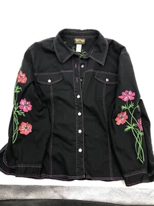 Bob Mackie Wearable Art Button Up Black Denim Jacket Embroidered Florals 2X EUC - Picture 1 of 6