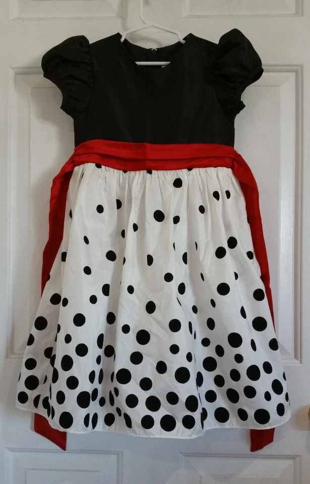 Rare Editions White/Black Polka Dot Velvet/Satin Dress Red Ribbon Tie Girls Sz 6 - Image 1 of 1