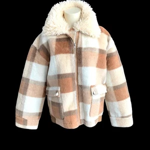 Giacca a quadri Skylar Rose taglia small accogliente morbida pelliccia sintetica marrone marrone beige cerniera - Foto 1 di 9