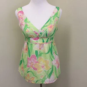 Top Lilly Pulitzer Mujer 2 Blusa Rosa Verde Amarillo Floral Cuello en V Seda Imperio - Imagen 1 de 8