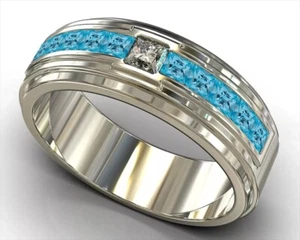 925 Silver 2 Ct Princess Lab Created Aquamarine Men's Engagement Band Ring 9.5 - Picture 1 of 8