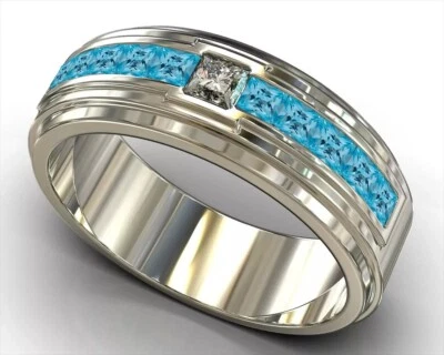 Anillo de compromiso de plata 925 de 2 quilates de aguamarina creada en laboratorio por princesa para hombre 9,5 Foto 1 de 4