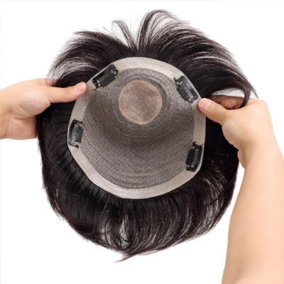 Pelucas cortas 100 % cabello humano toupee con clip para hombre mono encaje Foto 1 de 4