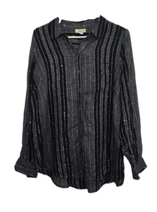 Style&Co Shirt Oberteil Übergröße 0X Langarm Pailletten Streifen Button Down schwarz - Bild 1 von 12