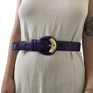 Vintage 1980s Womens Milor Purple Leather Retro Gold Buckle Waist Belt Sz M - Picture 1 of 6